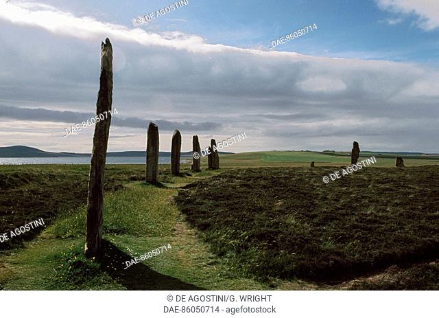 Neolithic stone circle of Ring of Brodgar or Brogar (UNESCO World Heritage List, 1999), Orkney Islands, Scotland, United Kingdom. Bronze Age, 2500 BC