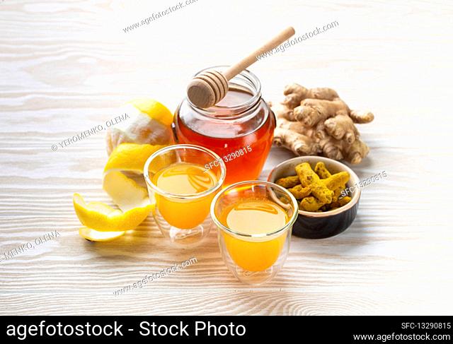 Homemade turmeric lemon ginger shots