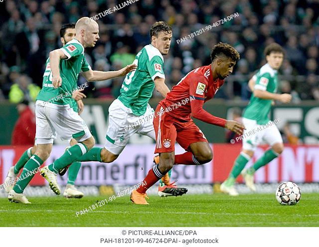 01 December 2018, Bremen: Soccer: Bundesliga, Werder Bremen - Bayern Munich, 13th matchday in the Weserstadion. Bavaria's Kingsley Coman (2nd from right)...