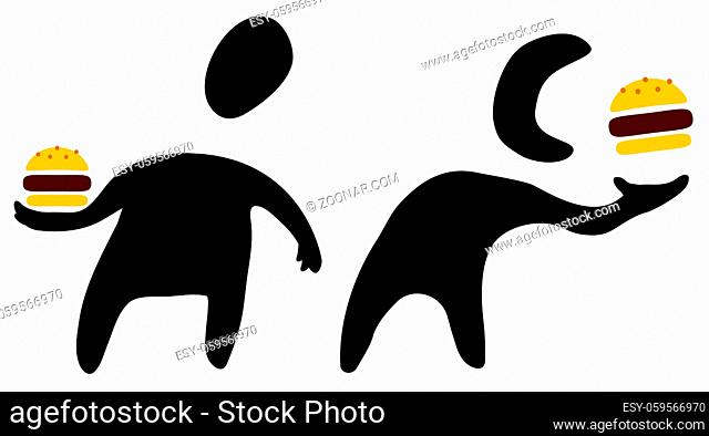 Fast food hamburger eater figure stencils black, vector illustration, horizontal, over white, isolated