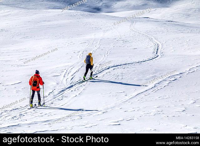 Europe, Italy, Veneto, Belluno province, ski mountaineering in the dolomites, winter ski tour on the Lastoi de Formin (Lastoni di Formin) Croda da Lago group