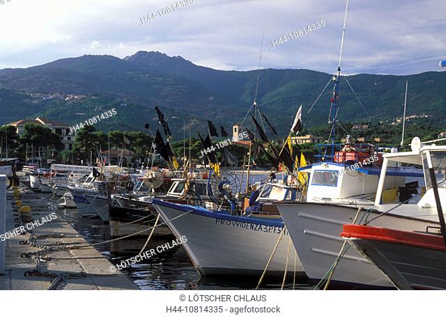 Fishingboats, longliners, harbor, Marina di Campo, Monte Capanne, Island, Elba, Tuscany, Toscana, Italy, Europe