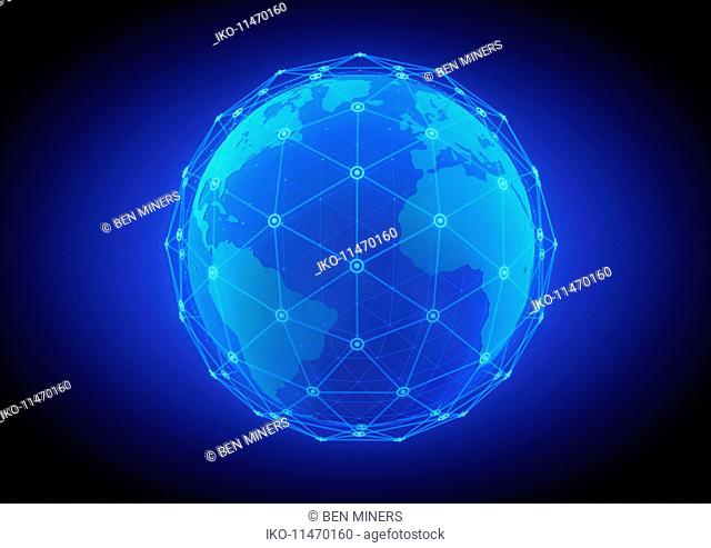 Blue network grid covering glowing globe