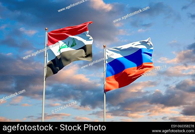Beautiful national state flags of Iraq and Russia together at the sky background. 3D artwork concept
