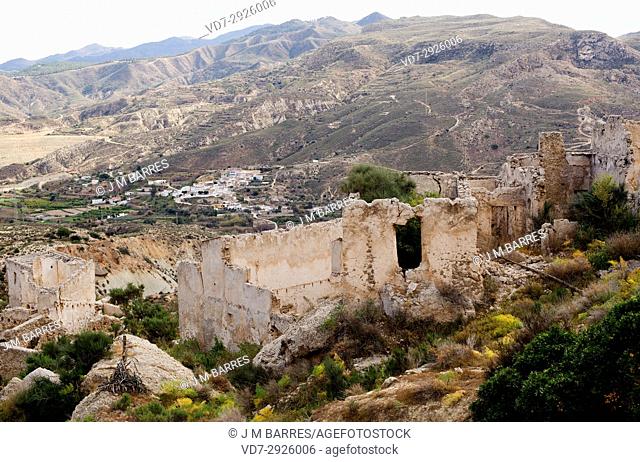 Marchalico Viñicas, abandoned village in gypsum karst of Sorbas with La Herreria at bottom. Almeria province, Andalucia, Spain