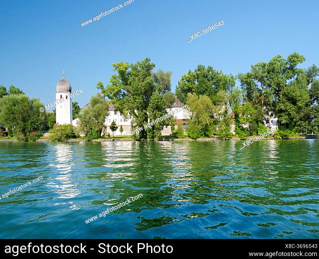 Monastery Frauenwoerth on the island Fraueninsel. Lake Chiemsee in the Chiemgau. The foothills of the Bavarian Alps in Upper Bavaria, Germany