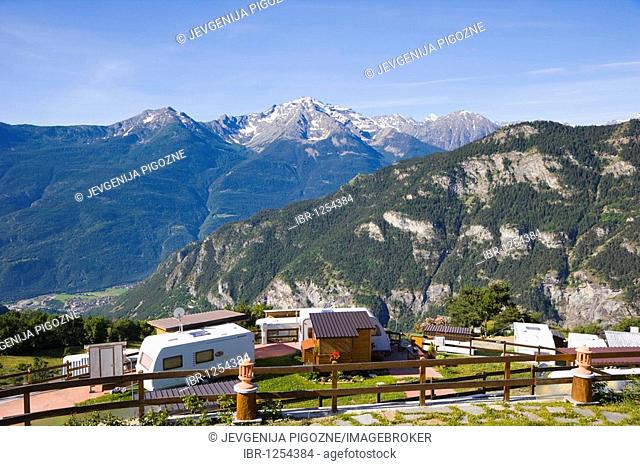 Mountain view from the terrace of Dalai Lama Village, Camping Club, Chatillon, Cervino Valley, Aosta Valley, Valle d'Aosta, Alps, Italy, Europe