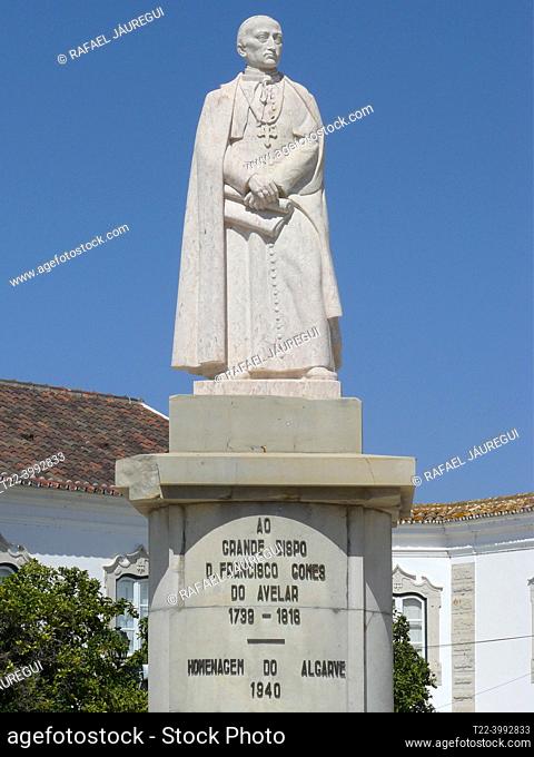 Faro (Algarve) Portugal. Sculpture of Bishop Francisco Gomes do Avelar in the city of Faro