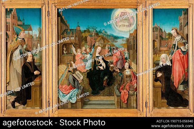 Triptych with Virgin and Child with Saints (center), male Donor with Saint Martin (left, inner wing), female Donor with Saint Cunera (right