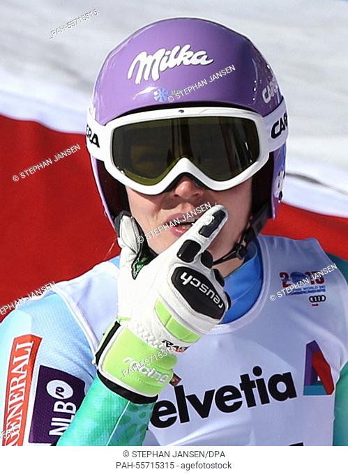 Tina Maze of Slovenia reacts after her run in the Ladies' Downhill at the Alpine Skiing World Championships in Vail - Beaver Creek, Colorado, USA