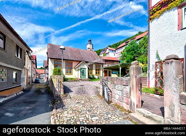 House facade, half-timbering, alley, village view, summer, Wasungen, Thuringia, Germany, Europe