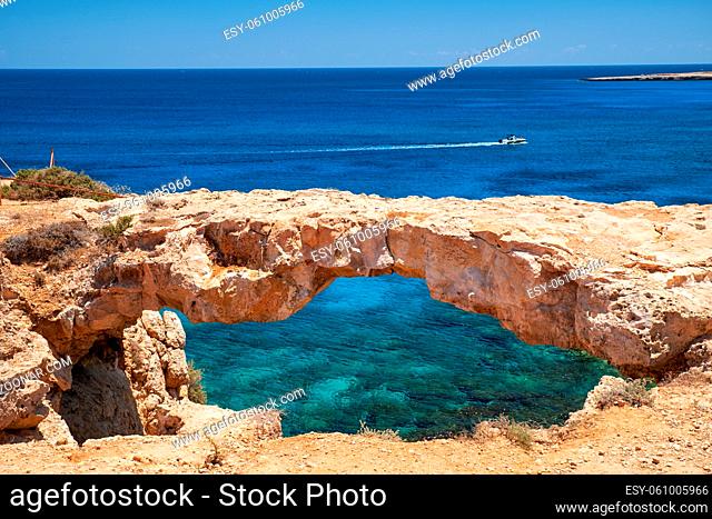 The Arch of Korakas (Kamara tou Koraka), the most impressive natural bridge of Cyprus, located in the northeast coast of Cape Greko (Cape Greco) Cyprus