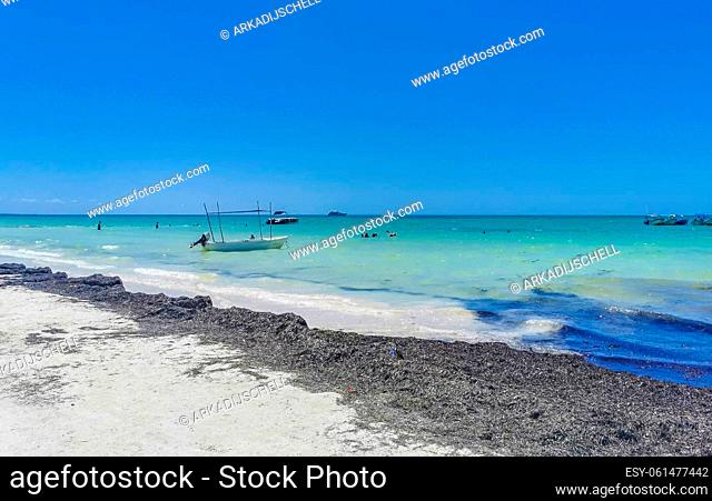 Panorama landscape view on beautiful Holbox island sandbank and beach with waves turquoise water and blue sky in Quintana Roo Mexico