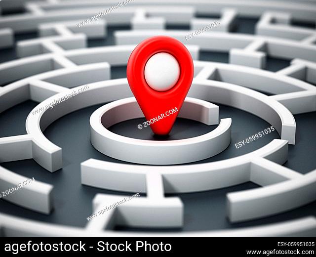 Red navigation marker at the center of round maze. 3D illustration
