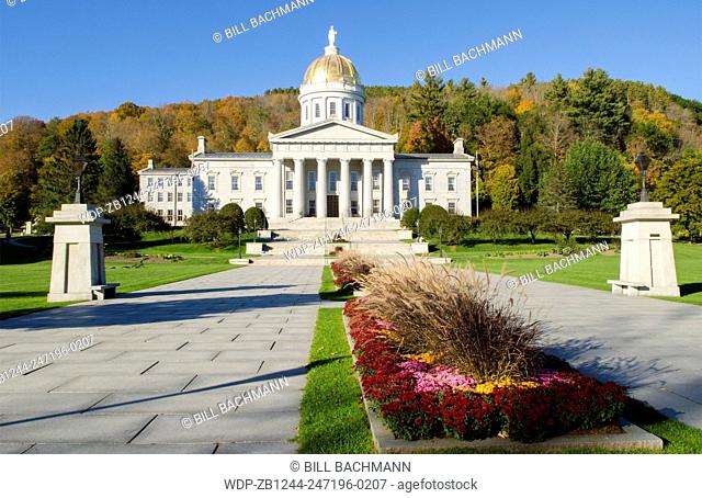 Montpelier Vermont Capital city smallest in the USA Capitol Building dome with fall foliage in Northern New England