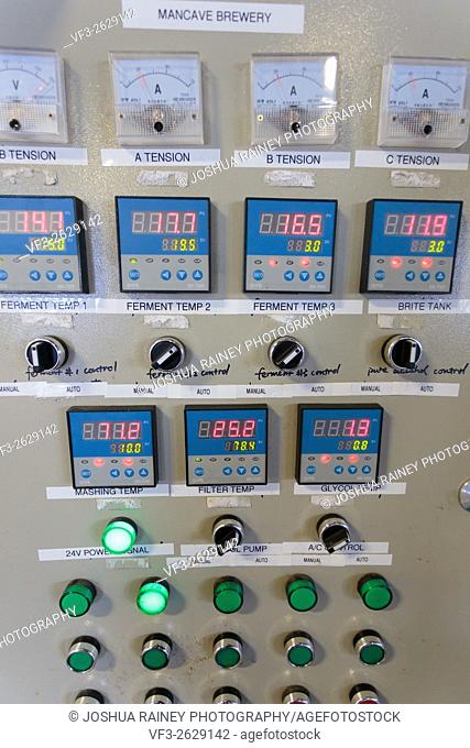 EUGENE, OR - NOVEMBER 4, 2015: Electrical control panel for temperature control of fermenters and mashing machines at the startup craft brewery Mancave Brewing