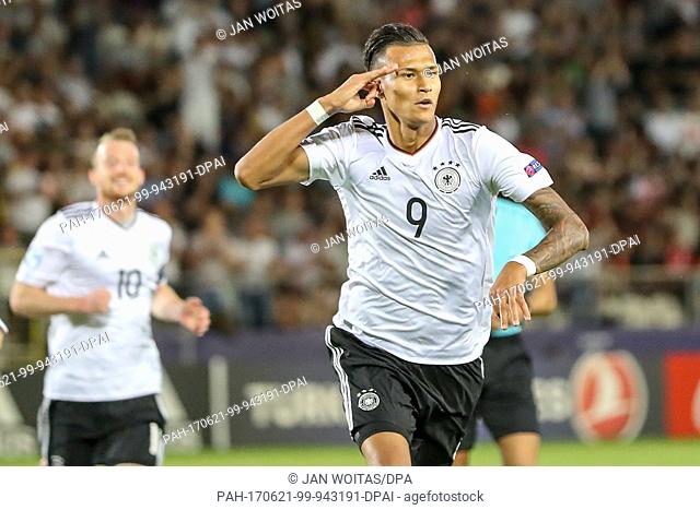 The German player Davie Selke cheers over his 1-0 score during the men's U21 European Cup Group C match between Germany and Denmark in Krakow, Poland