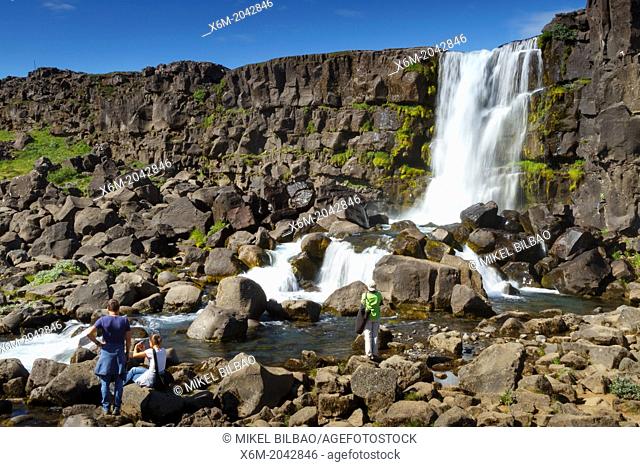 Oxararfoss waterfall. Pingvellir National Park. Golden Circle. Iceland, Europe