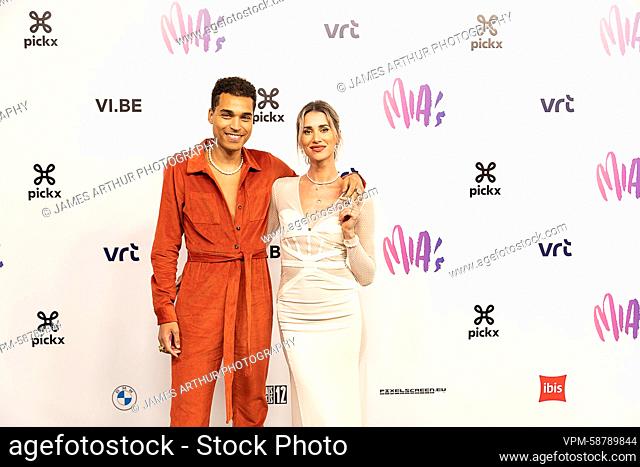 Actress Lize Feryn and Sports journalist Aster Nzeyimana pictured during the 15th edition of the MIA's (Music Industry Award) award show, in Brussels