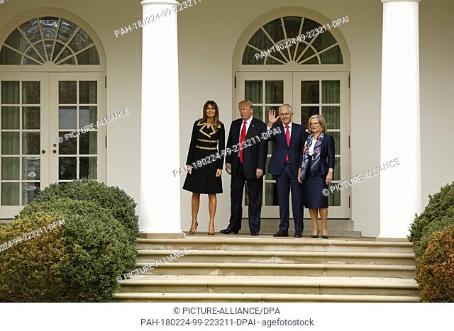 United States President Donald J. Trump and first lady Melania Trump welcome Australian Prime Minister Malcolm Turnbull and his wife, Lucy, to the White House
