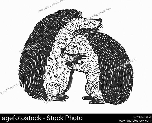 Hedgehog love couple hug sketch engraving vector illustration. T-shirt apparel print design. Scratch board style imitation