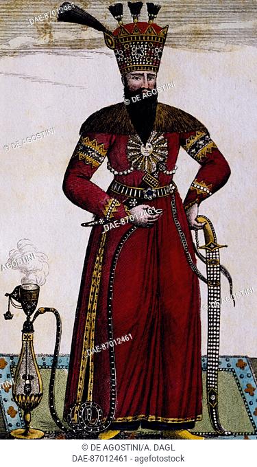 Portrait of Fath Ali Shah Qajar (Damghan, Esfahan 1772, 1834), Shah of Persia, from Guillaume Antoine Olivier (1756-1814) journey in Persia