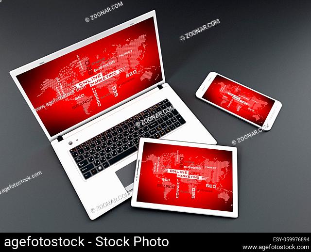 Laptop computer, tablet PC and smartphone. Online marketing concept