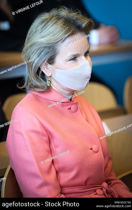 Queen Mathilde of Belgium pictured during a royal visit to the Mons campus of the nursing high school Condorcet of Hainaut Province, Friday 11 February 2022
