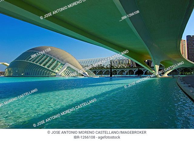 Monteolivete bridge and L'Hemisferic, by S. Calatrava, City of Arts and Sciences, Comunidad Valenciana, Valencia, Spain, Europe