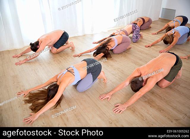 Group of young sporty attractive people in yoga studio, practicing yoga lesson with instructor, standing, stretching and relaxing after workout