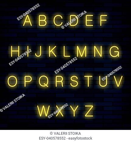 Yellow Neon Alphabet on Blue Brick Background. Retro Bright Letters. Realictic Type Set. Graphic Font Design