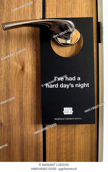 United Kingdom, Liverpool, North John Street, The Hard Days Night Hotel, the brand new Beatles Hotel, standard room, door handle with a Beatles song sign