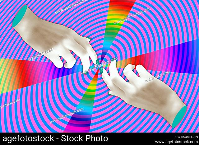 Modern conceptual art poster with a hands in a pop surreal style. Collage of contemporary art