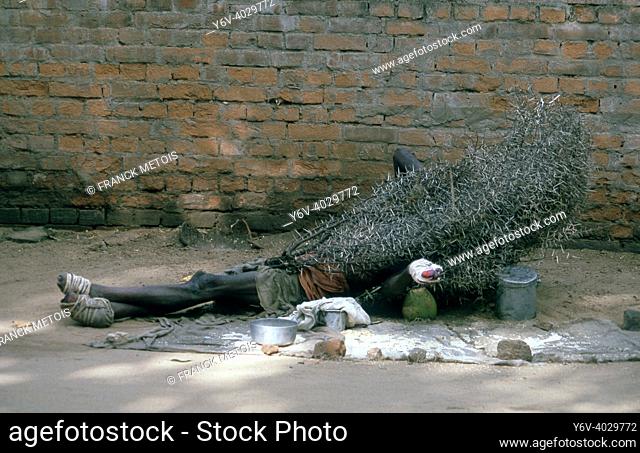 A leper is begging on the street while lying on the ground under a thorny bush ( Odisha, India)