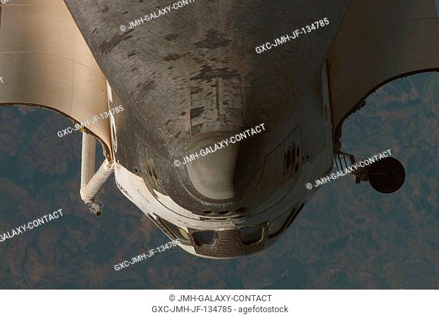 This view of the nose of Space Shuttle Atlantis and part of the forward underside was provided by an Expedition 15 crewmember during a back-flip for the RPM...