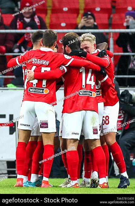 RUSSIA, MOSCOW - MARCH 11, 2023: Spartak's players celebrate a goal in a 2022/23 Russian Premier League Round 19 football match between Spartak Moscow and Fakel...