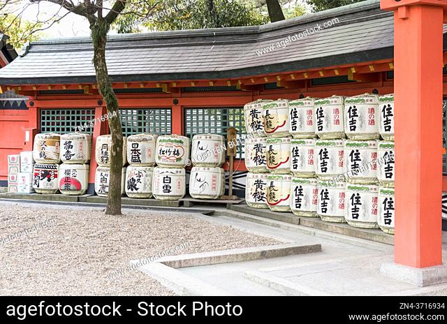 Decorative Kazaridaru sake barrels at Sumiyoshi-taisha shrine, Osaka, Japan