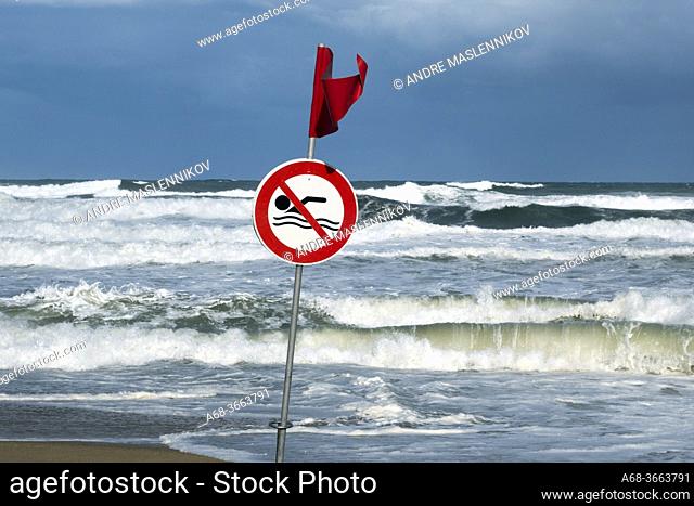 Warning for swimming due to storm. Plage de la Côte des Basques. Biarritz at Cote des Basques in France