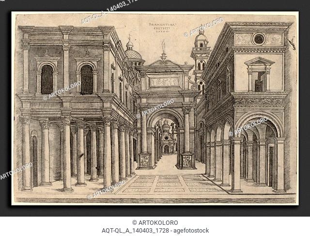 Attributed to Zoan Andrea after Donato Bramante (Italian, active c. 1475-1519), A Street with Various Buildings, Colonnades and an Arch, c