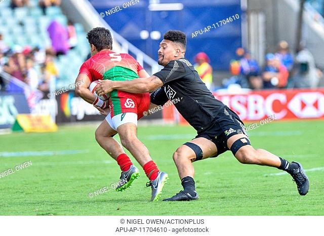 2016 HSBC World Rugby Sevens Sydney Feb 6th. 06.02.2016. Sydney, Australia. HSBC New Zealand v Portugal. Kiwi Ardie Savea makes tackle on Portugals Joao Dias