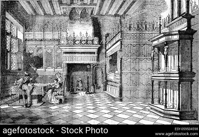 Inside houses in the Middle Ages, vintage engraved illustration. Magasin Pittoresque 1836