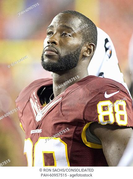 Washington Redskins wide receiver Pierre Garcon (88) watches the final seconds of his team's 21 - 17 victory over the Detroit Lions at FedEx Field in Landover