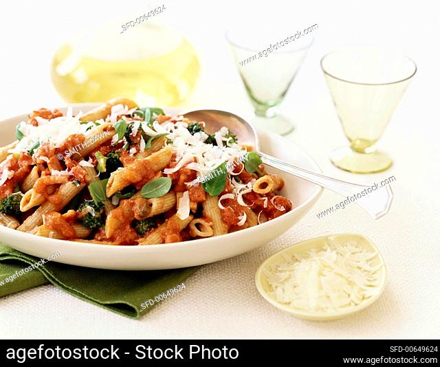 Penne with Broccoli, Tomato Sauce, Basil and Freshly Grated Parmesan