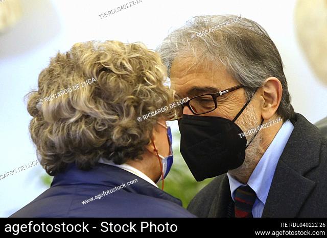Writer Dacia Maraini greets Roberto Russo husband of the actress at the Burial chamber of Monica Vitti in Campidoglio , Rome, ITALY-04-02-2022