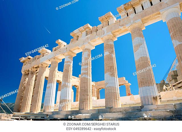 Fragment of the Parthenon, an archaic temple located on the Acropolis of Athens, built in 438 BC. Taken in Athens, Greece