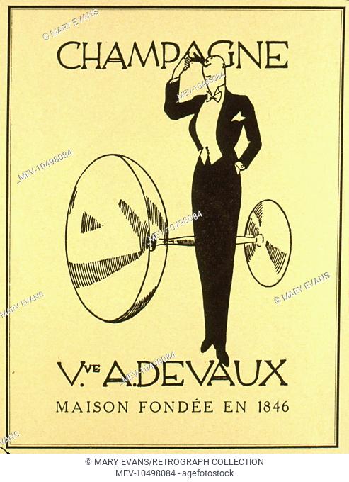 Advertisement for Veuve A Devaux champagne, showing a man in evening dress alongside a giant champagne glass