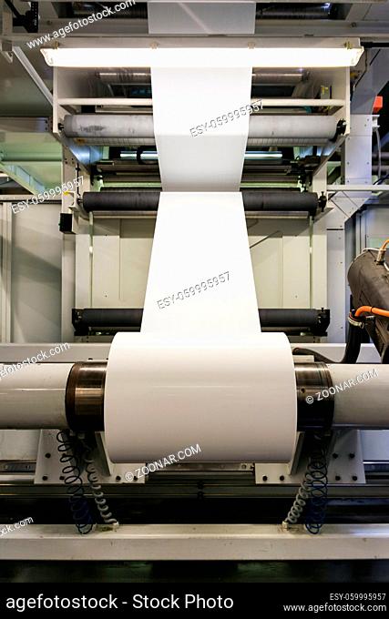 Plastic White Blank Print Feed Flexo Industry Printing Roll Processing Surface Operational Detail Closeup Factory Cylinder