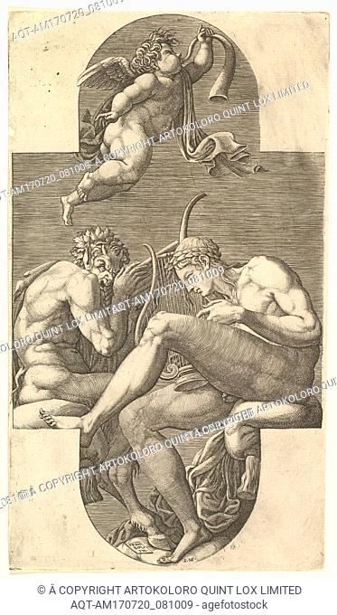 Apollo, Pan, and a Putto Blowing a Horn, a cruciform composition, from a series of eight compositions after Francesco Primaticcio's designs for the ceiling of...