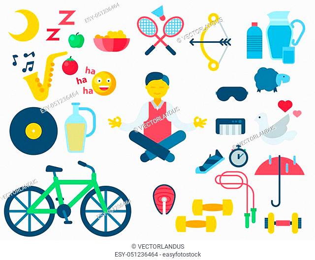 Health concept and longevity icons modern activity durability vector natural healthy life product contemplation proper nutrition illustration