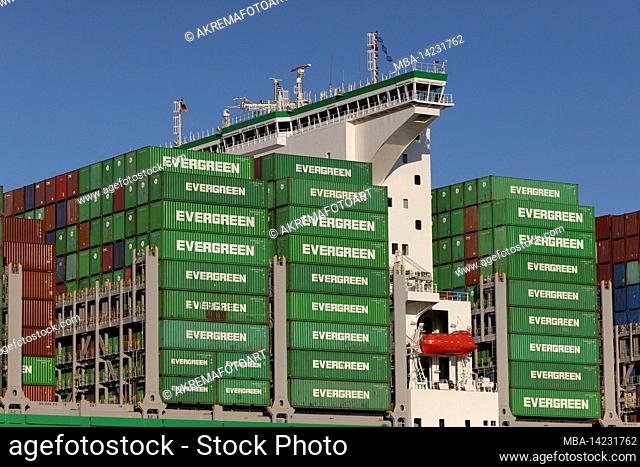 The Ever Ace in the Port of Hamburg, a detailed view of the bridge with containers